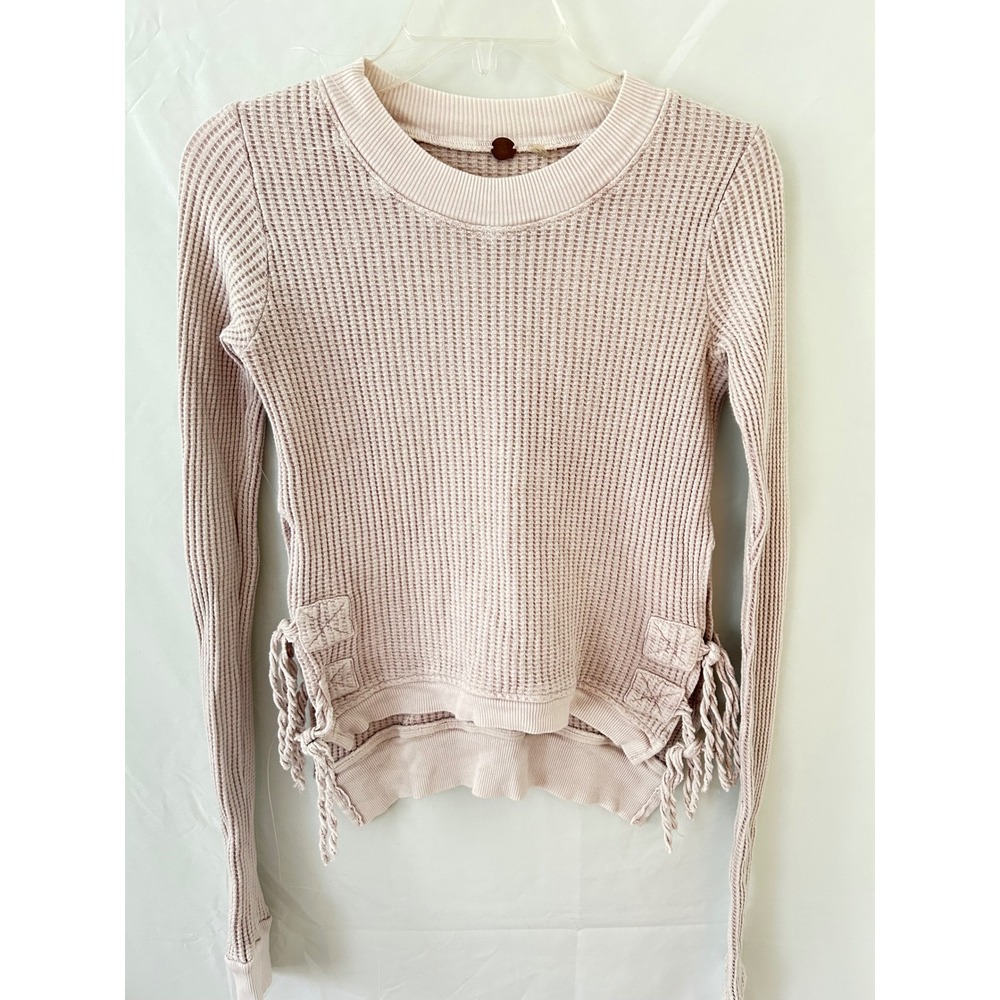 Free People FP One Thermal Knit Side Tie Top Blush Pink Waffle Long Sleeve S